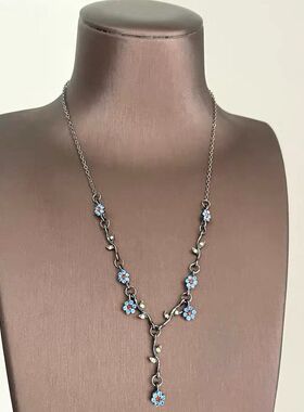 中古风复古蓝色花朵锆石项链女小众设计感毛衣链轻奢高级颈链配饰