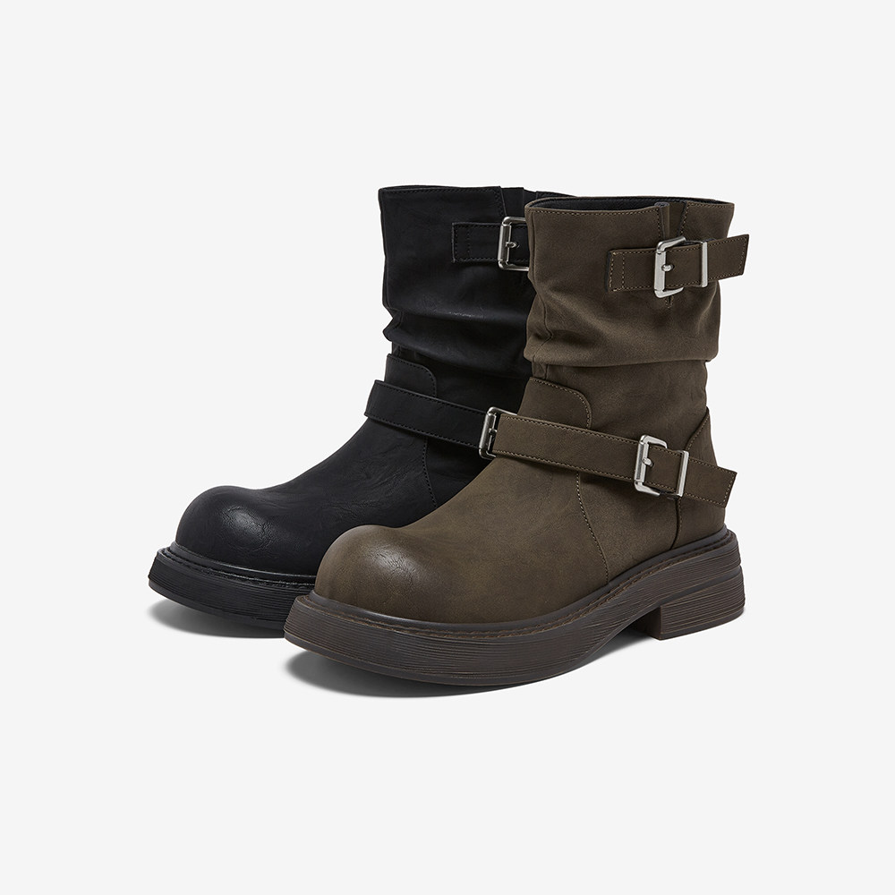 百思图2025冬季商场新款堆堆靴西部靴复古圆头粗跟女短靴B8198DZ5,淘宝优惠券,粉丝福利购,淘宝优惠卷