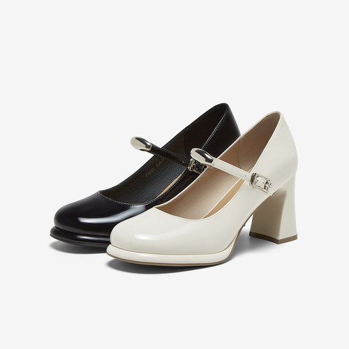 百思图2025春商场新款白色玛丽珍鞋高跟鞋粗跟浅口女单鞋F1031AQ5 - 图3