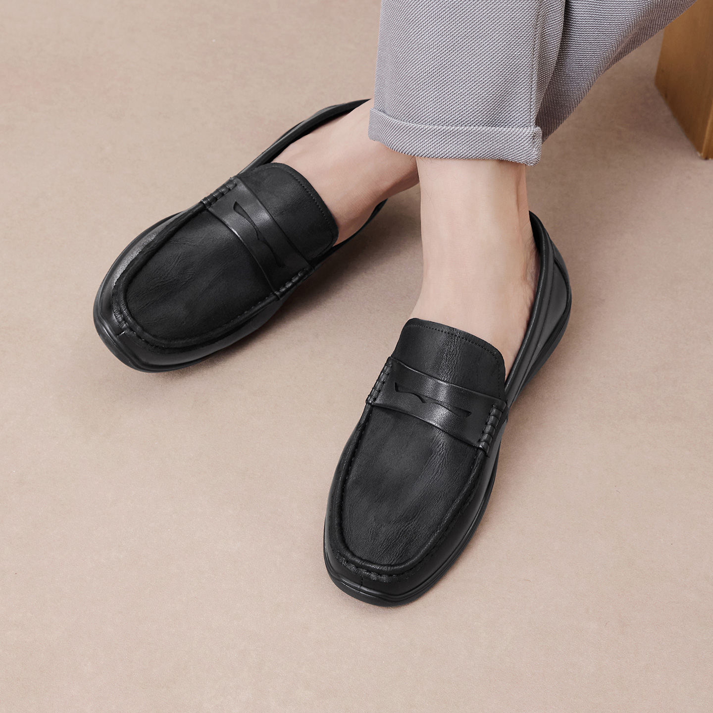 百思图25秋商场新款牛皮乐福鞋商务通勤男休闲豆豆鞋皮鞋51727CM5 - 图3