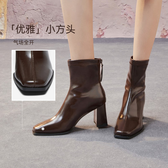 百思图2025冬新款法式加绒高跟踝靴瘦瘦靴女高筒骑士长靴B2812DZ5