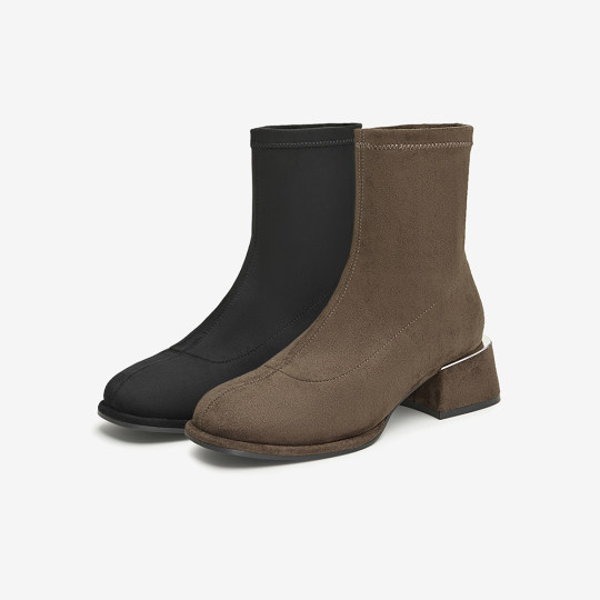 百思图冬商场新款法式绒面弹力瘦瘦靴加绒粗跟女短靴E0283DD4