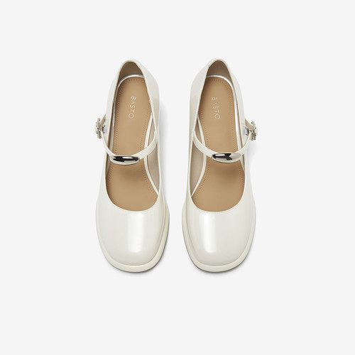 百思图2025春商场新款白色玛丽珍鞋高跟鞋粗跟浅口女单鞋F1031AQ5 - 图1