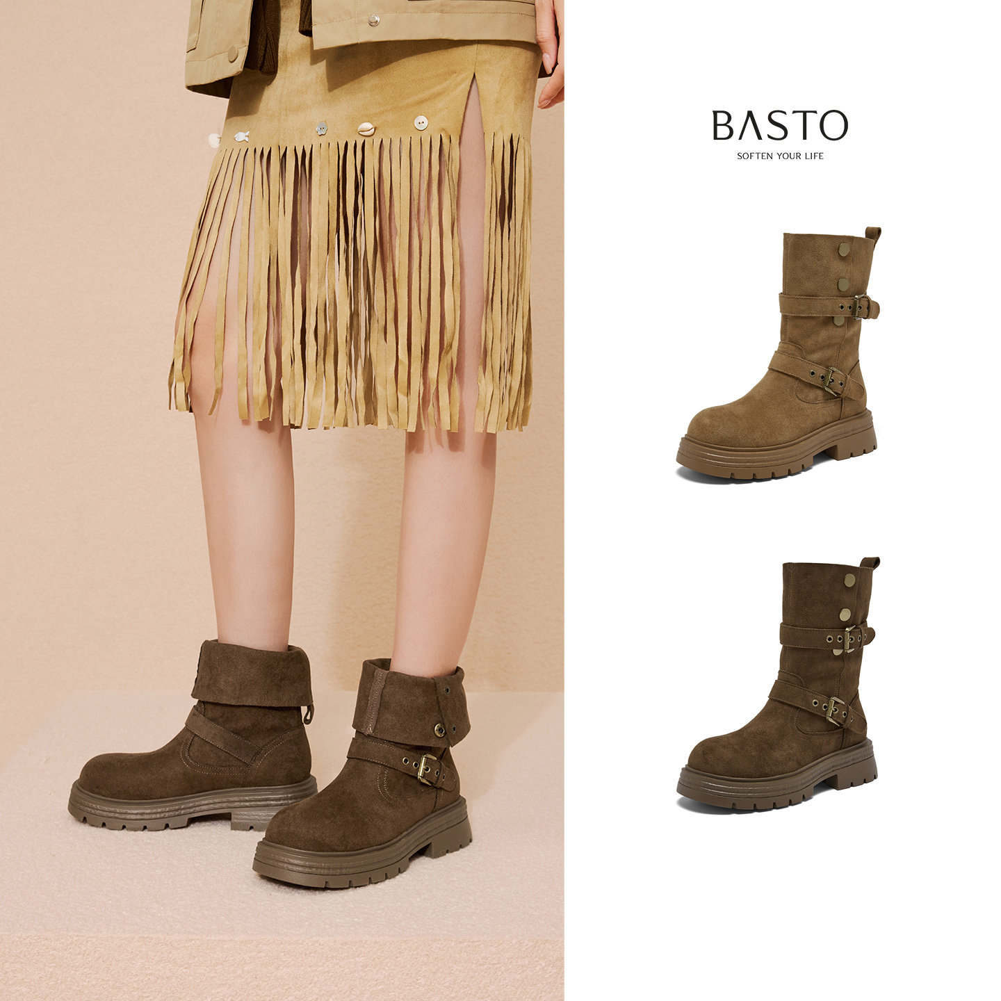 百思图2025冬季新款复古西部靴堆堆靴厚底加绒女驼色短靴BP335DZ5,淘宝优惠券,粉丝福利购,淘宝优惠卷