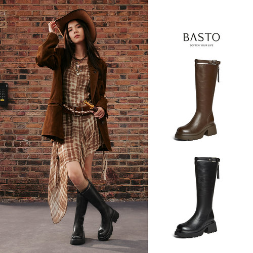 百思图冬季商场新款高跟骑士靴圆头粗跟厚底女长靴F1711DG5 - 图3