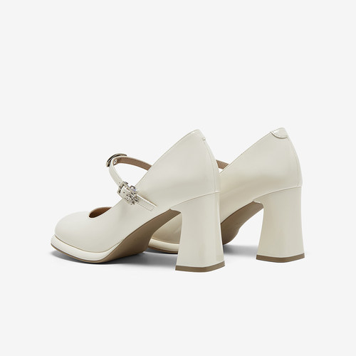 百思图2025春商场新款白色玛丽珍鞋高跟鞋粗跟浅口女单鞋F1031AQ5 - 图2