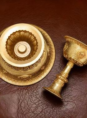 家用供具佛前圣水杯供水黄铜八吉祥高脚雕花丝护法杯民族供水杯