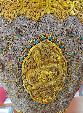 尼泊尔掐丝花瓶铜鎏金鎏银
