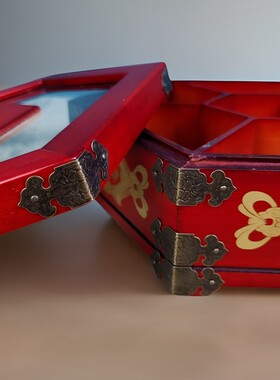 民族风实木带盖分格盘喜庆水果盘