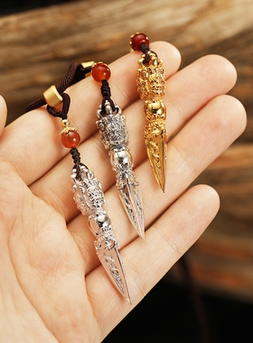 藏式纯银镀金三面普巴金刚杵吊坠