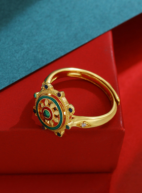 民族风纯银镀金可转动金轮戒指