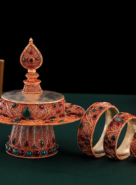 藏式尼泊尔铜掐丝镶嵌宝石曼扎盘