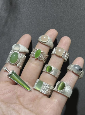 天然和田玉佩戴藕粉粉青俄罗斯阳绿猫眼碧玉925银镶玉可调节戒指