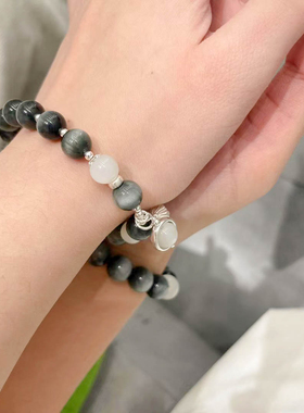 情侣款手串鹰眼石简约纯银手链