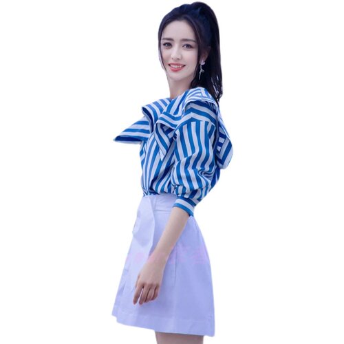 明星佟丽娅生日同款条纹衬衣套装白色短裤杨紫衬衫女春秋夏新款 - 图3