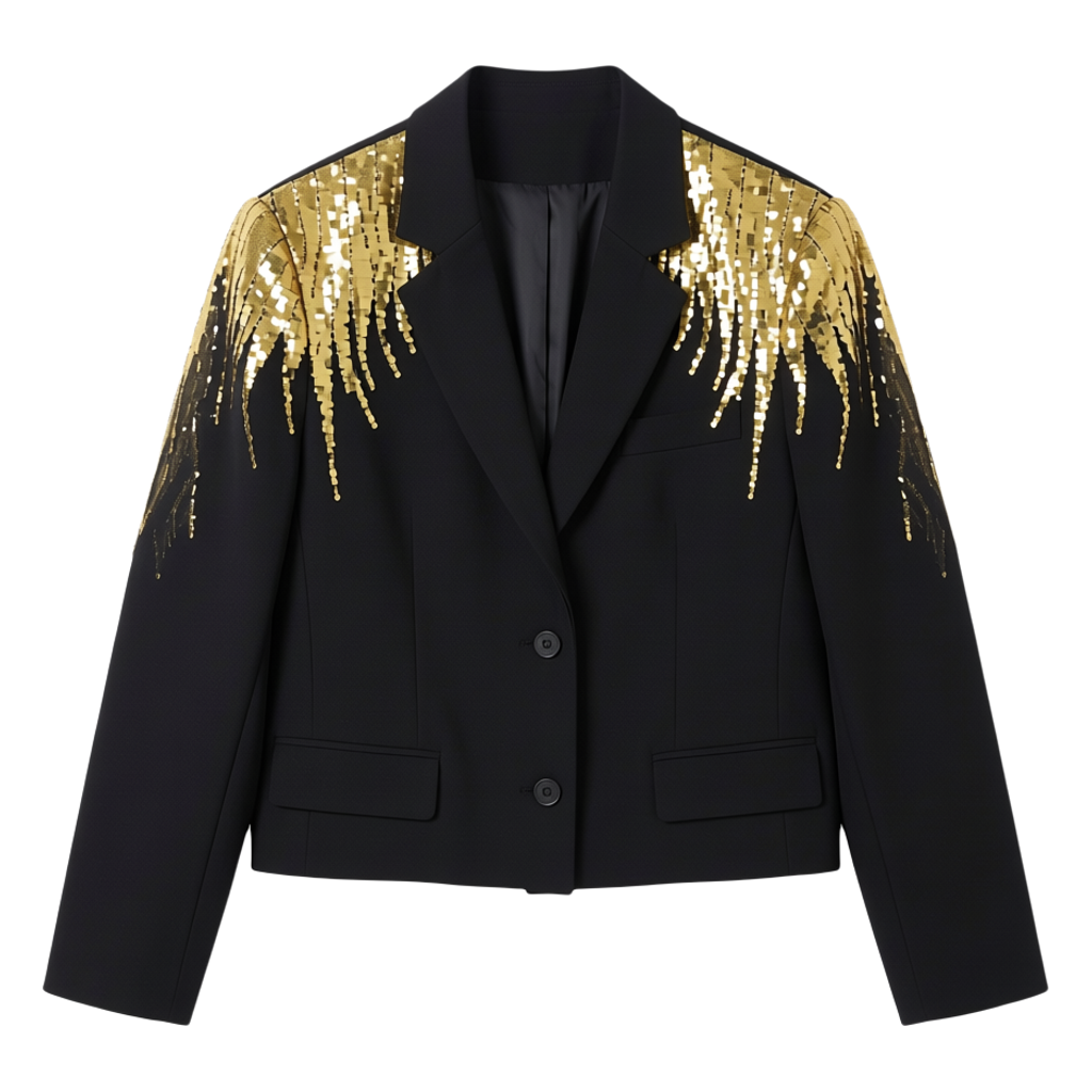 鹭卓明星同款黑色重工金粉手工钉珠夹克男舞台演出走秀垫肩西服潮,淘宝优惠券,粉丝福利购,淘宝优惠卷