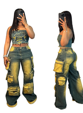 New denim casual loose workwear pants women's 牛仔裤工装裤