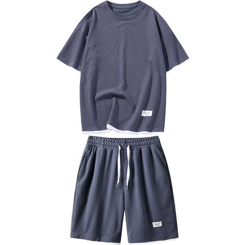 短袖t恤套装男夏季ins潮流华夫格休闲运动服薄款宽松搭配两件一套