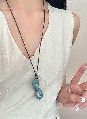 绿色木质吊坠长款项链女新中式禅意复古民族风毛衣链小众设计挂坠