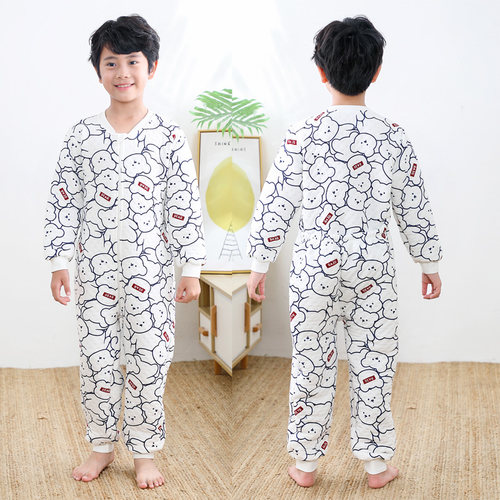 儿童连体睡衣冬保暖大码卡通男童女孩护肚夹层薄棉后腰如厕家居服 - 图1