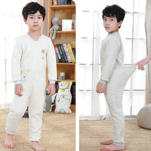 儿童连体睡衣冬保暖大码卡通男童女孩护肚夹层薄棉后腰如厕家居服 - 图0