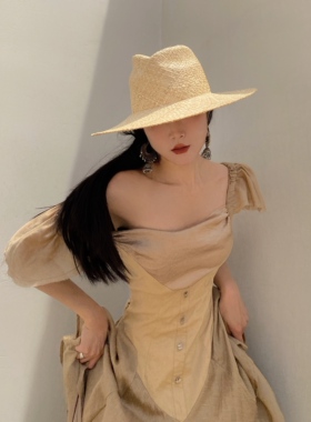 草帽出游欧美女春夏平檐