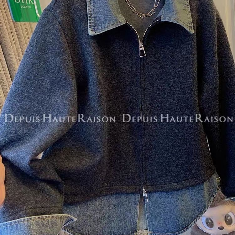 胖mm大码300斤牛仔拼接假两件卫衣外套女秋冬厚款双拉链翻领夹克,淘宝优惠券,粉丝福利购,淘宝优惠卷