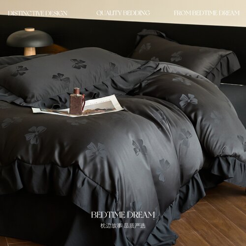 轻奢风黑色提花蝴蝶结花边四件套柔软床上用品被套被罩床单三件套 - 图0