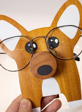 创意设计桌面摆件多功能书桌装饰可做支架治愈柯基图案实木摆件