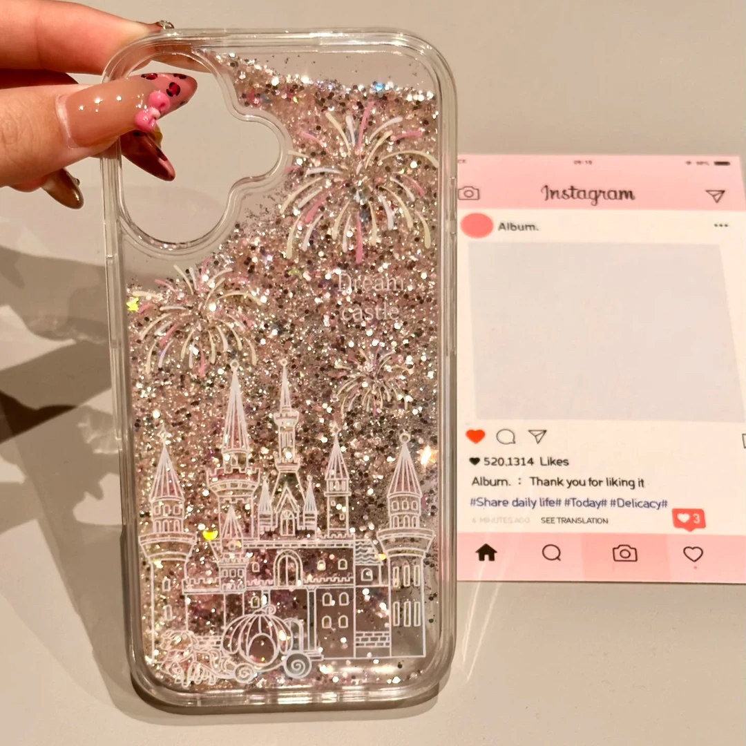 烟花和城堡银色流沙壳适用苹果16promax手机壳iPhone14pro华为mate60nova12p70小米15k50荣耀90x100Note13s18