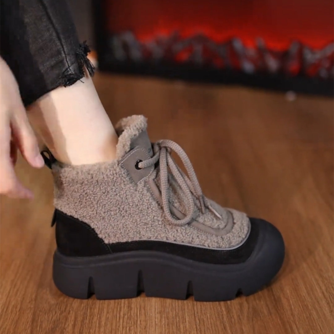 羊羔毛短靴马丁靴厚底雪地靴女2024年加绒保暖高帮鞋休闲妈妈棉鞋,淘宝优惠券,粉丝福利购,淘宝优惠卷
