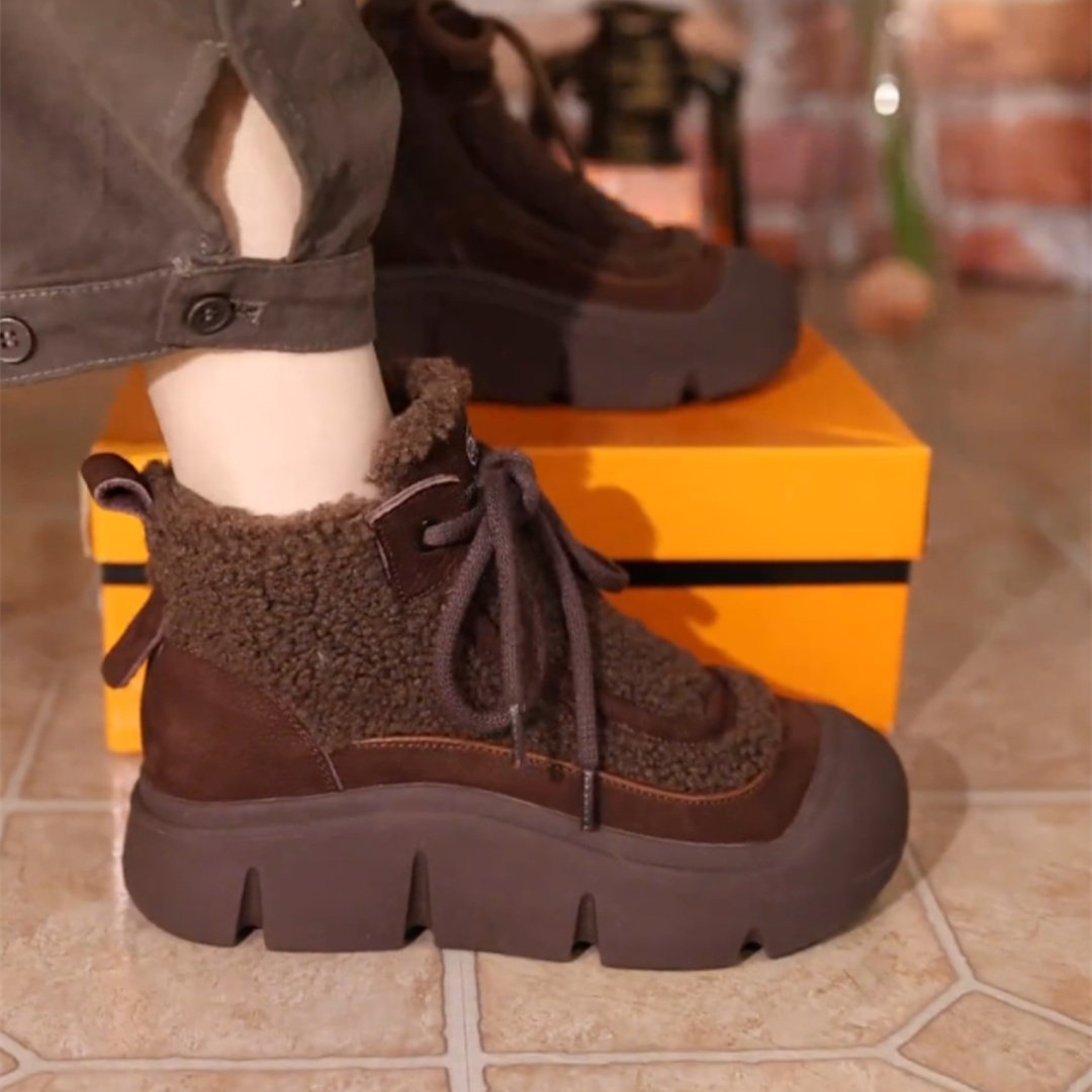 羊羔毛短靴马丁靴厚底雪地靴女2024年加绒保暖高帮鞋休闲妈妈棉鞋,淘宝优惠券,粉丝福利购,淘宝优惠卷
