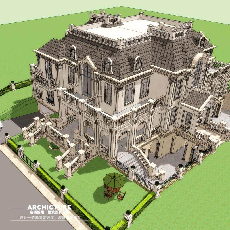 简约法式两层半地下室山地独栋别墅自建房住宅建筑su模型_虎窝淘