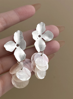 法式轻奢真贝壳花卉流苏耳钉