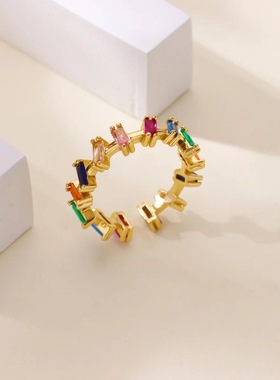 轻奢彩色锆石心形开口可调女戒