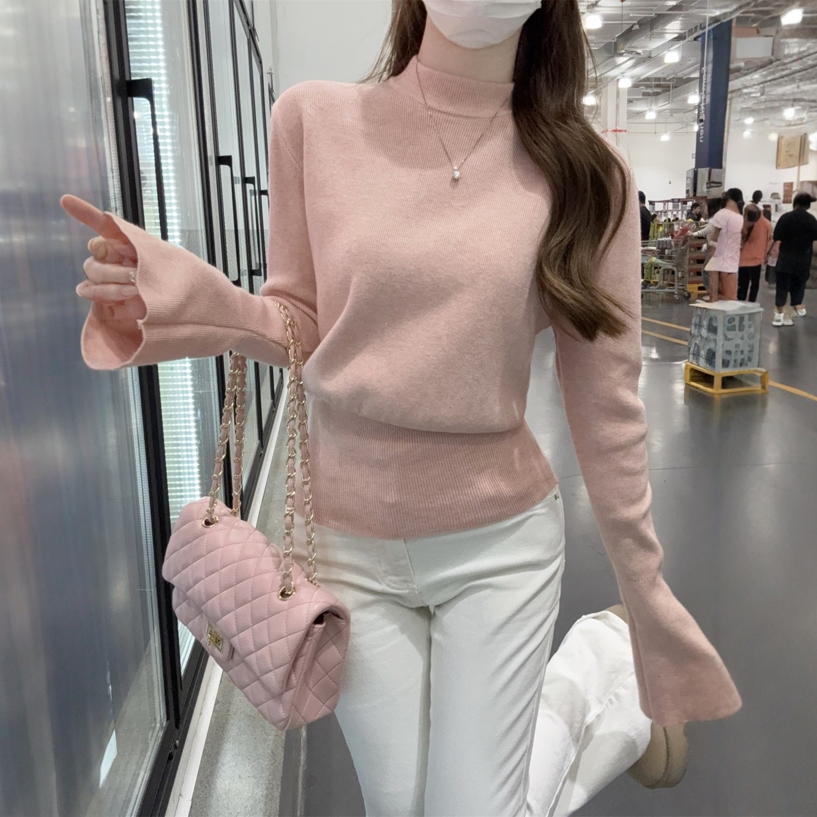 甜美风粉色半高领针织衫女喇叭袖修身内搭毛衣女打底衫春秋季上衣,淘宝优惠券,粉丝福利购,淘宝优惠卷