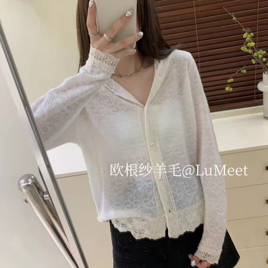 欧货欧根纱细羊毛连帽蕾丝打底衫开衫花边秋冬针织毛衣韩版淑女装 - 图0