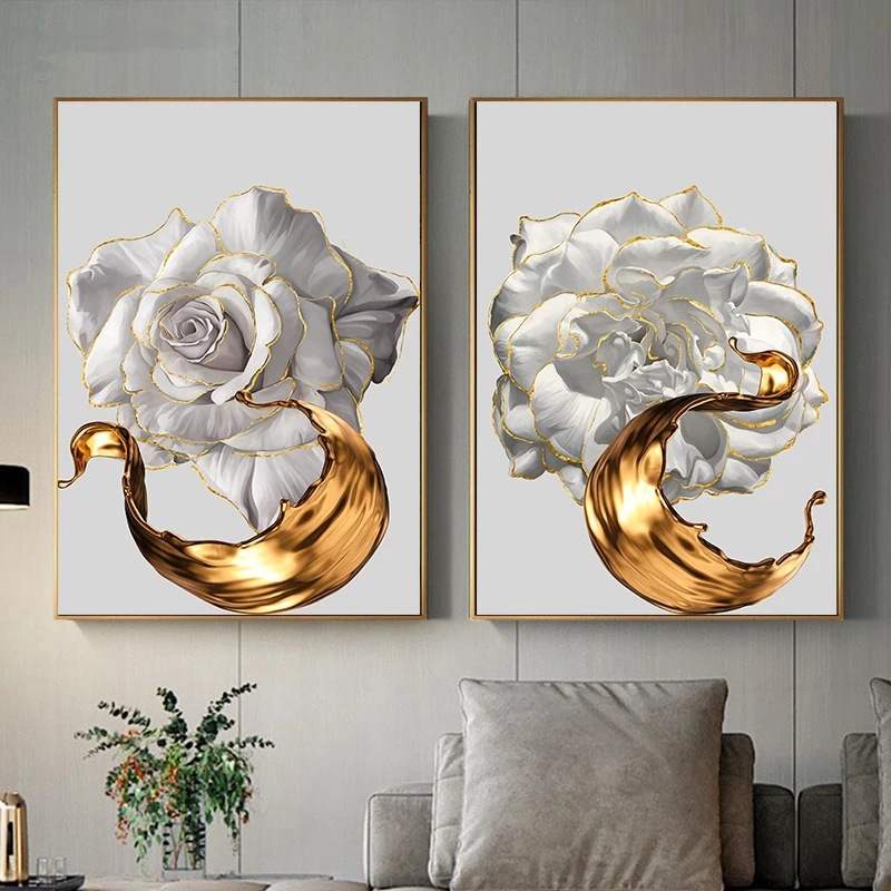 新款金边白玫瑰花挂画客厅背景墙装饰画现代奶油风餐厅三联壁画 - 图0