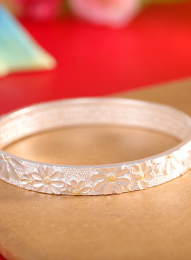 人品银品足银9999雕刻花卉手镯时尚女款百搭小清新开口手环