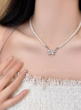 蝴蝶结灰色珍珠项链女夏天法式气质网红锁骨链轻奢小众高级感颈链