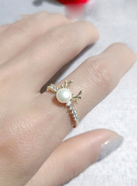 一路有你麋鹿开口戒指小鹿头个性指环不掉色节日礼品送礼珍珠戒指