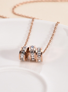 轻奢三环镶钻项链 女钛钢不掉色韩版女友闺蜜生日礼物锁骨链