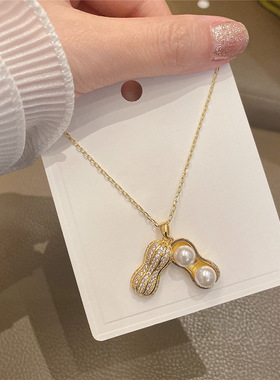微镶锆石花生项链韩版百搭气质个性珍珠锁骨链长款气质吊坠毛衣链