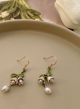 白色铃兰花耳环+手链+项链~超仙森系春季新款耳钉耳夹少女锁骨链