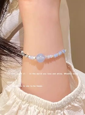蓝色系~海蓝宝碎银子串珠手链女款夏季清凉绝美叠戴珠子手串手饰