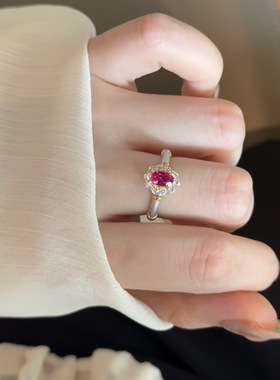 轻奢气质高级感中古风红刚玉戒指小众设计火龙果色鸽子蛋拉丝女戒