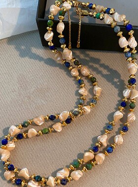 天然异形不规则贝壳波西米亚复古小众撞色天然石串珠简约气质项链