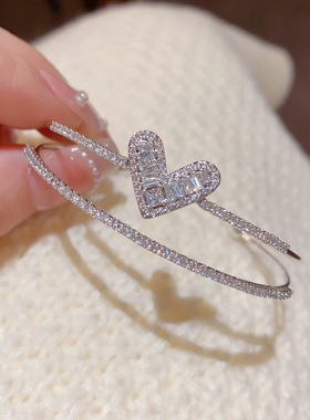 日韩精致时尚轻奢锆石爱心双层开口手镯个性百搭高级感超闪手饰女