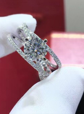 仿莫桑石戒指三生三世铜镀白金仿真锆石婚戒跨境