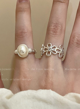 珍珠花朵开口戒指女轻奢高级感夸张闺蜜食指戒冷淡风小众设计指环
